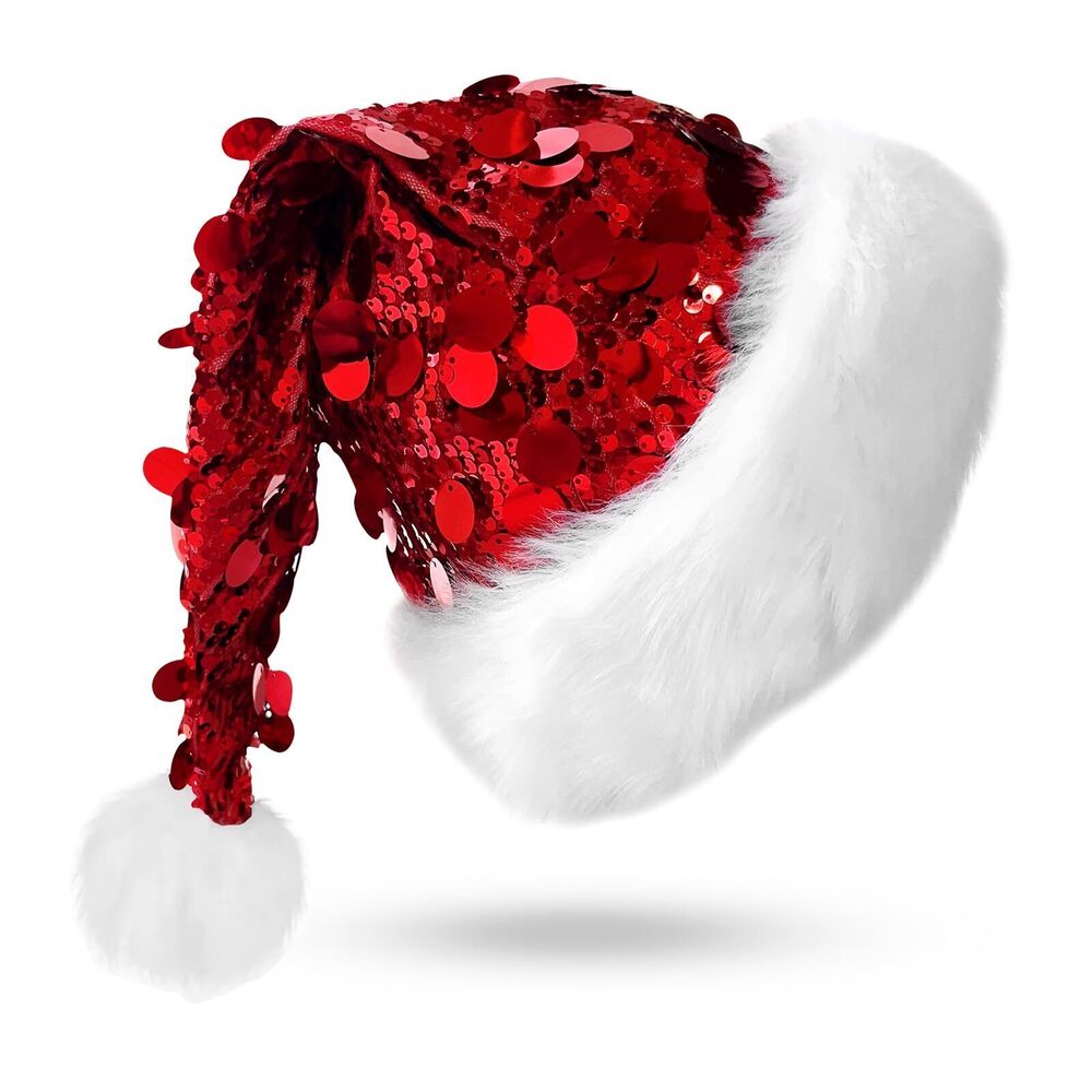 6196 Red Sequin Christmas Hat, Santa Hat with Faux Fur Trim, Sparkly Xmas